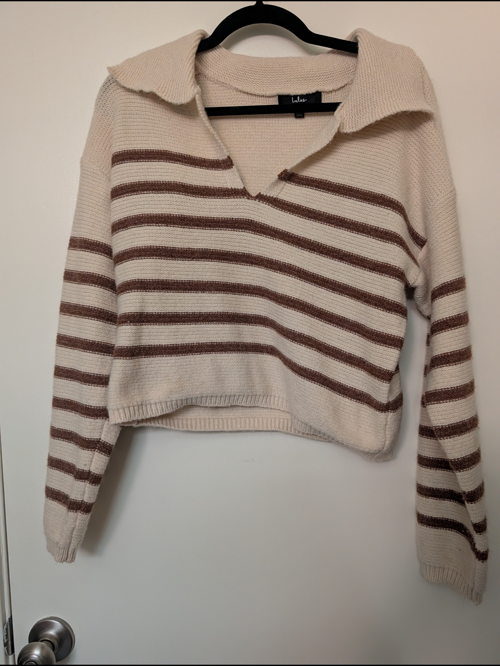 Lulu's Cream and Brown Striped V-Neck Pullover Sweater